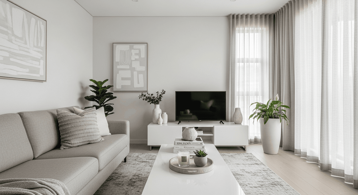 Ein aufgeräumtes Wohnzimmer, bereit für Home Staging, das eine professionelle Entrümpelungstransformation zeigt