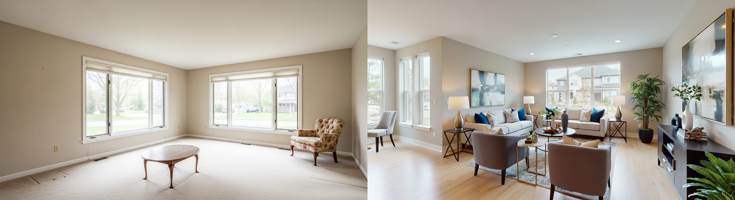 Nappali: virtuális ingatlanfelkészítés előtt vs. után