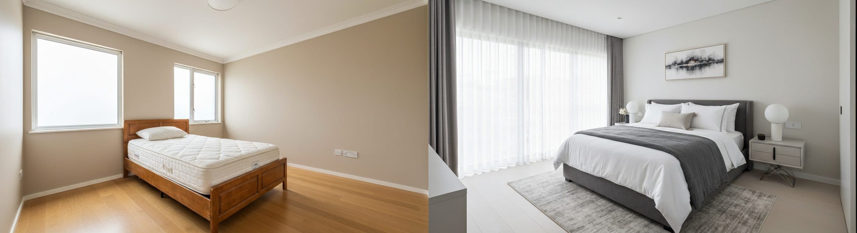 Hálószoba: virtuális ingatlanfelkészítés előtt vs. után