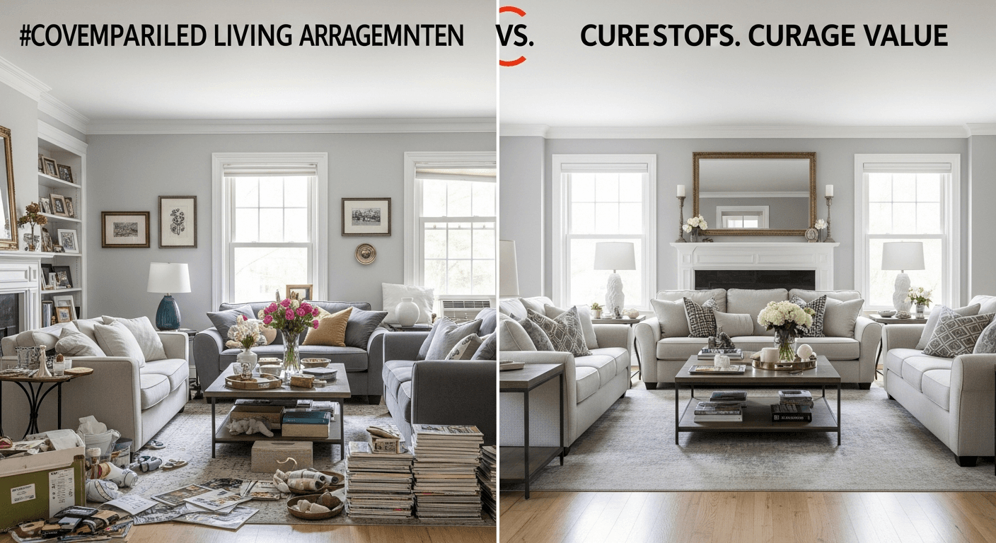 Ingatlanfelkészítés előtti és utáni átalakulás, amely egy zsúfolt szobából tiszta, értékes teret mutat