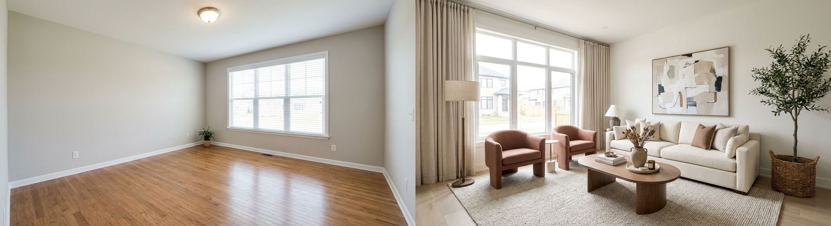 Wohnzimmer: Vorher-Nachher-Vergleich mit virtuellem Staging. Vorher zeigt einen leeren, unpersönlichen Raum, nachher einen modern und einladend eingerichteten Wohnbereich.