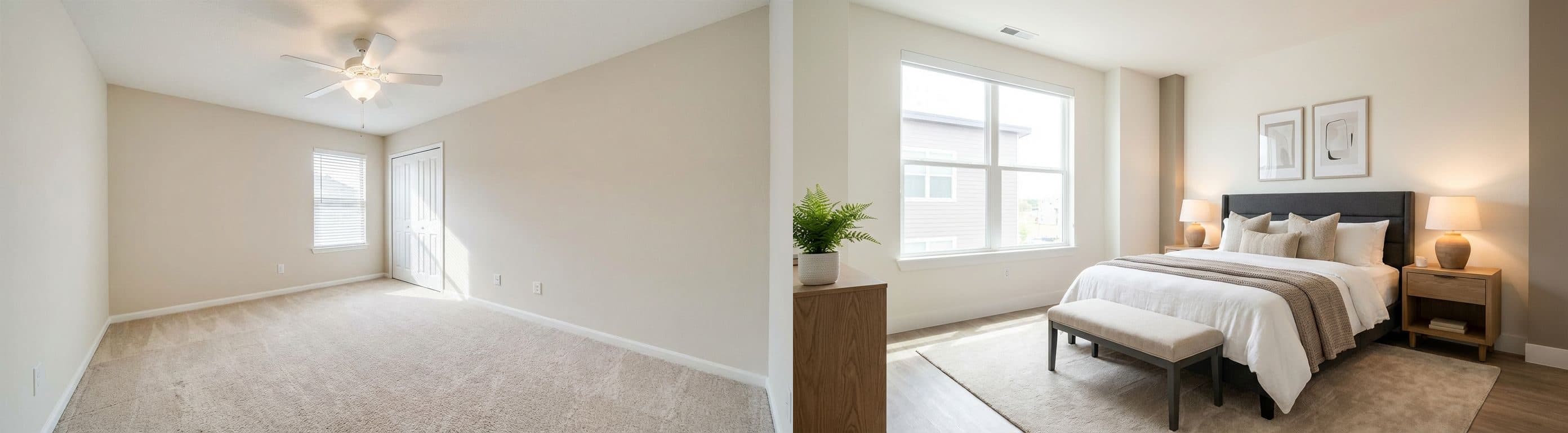 Hauptschlafzimmer: Vorher-Nachher-Vergleich mit virtuellem Staging. Vorher zeigt einen leeren, unmöblierten Raum, nachher ein stilvoll und gemütlich eingerichtetes Schlafzimmer.