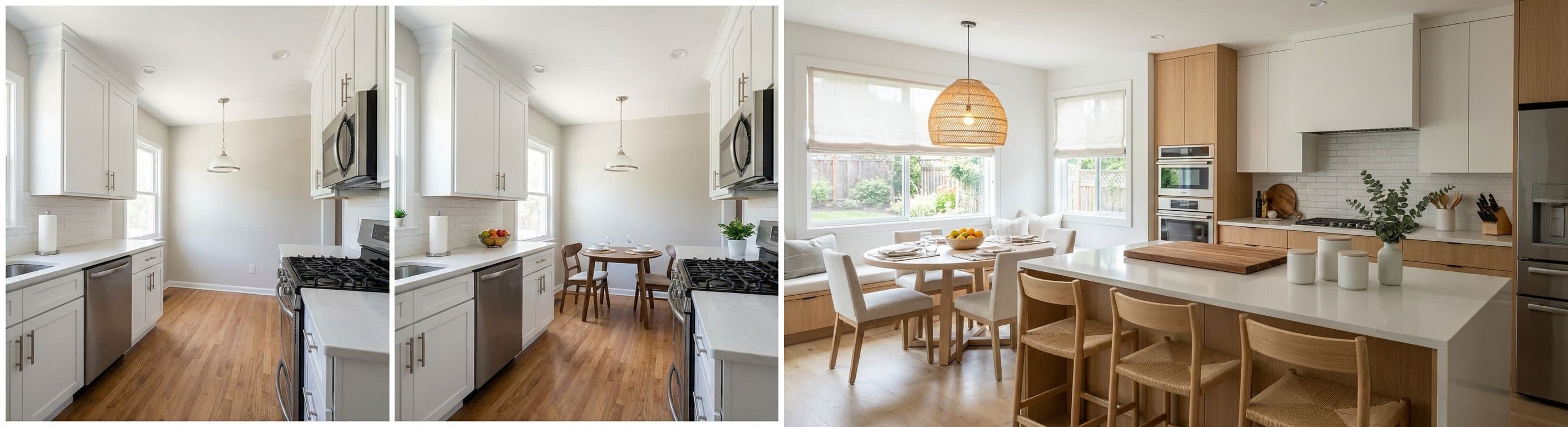 Küche und Essbereich: Vorher-Nachher-Vergleich mit virtuellem Staging. Vorher zeigt einen ungenutzten oder leeren Essbereich, nachher einen funktional und ästhetisch eingerichteten Raum.