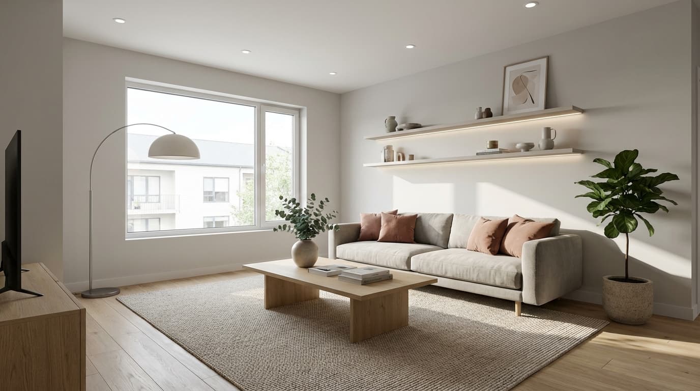 Bright, modern living room staged for a 2026 real estate listing with neutral palette, layered lighting, and clean lines