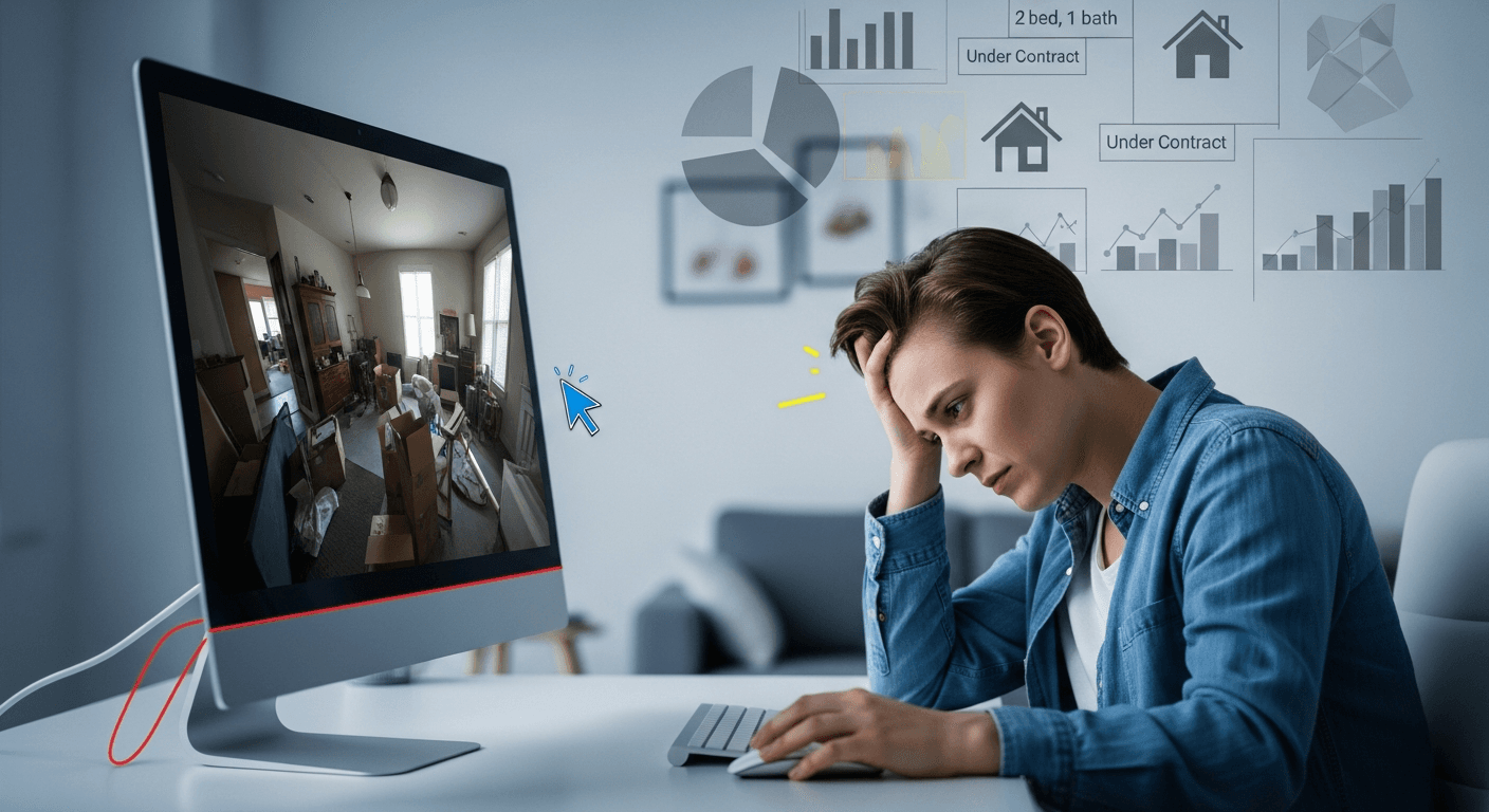 A frustrated buyer exiting a poorly lit 360 virtual tour on a laptop