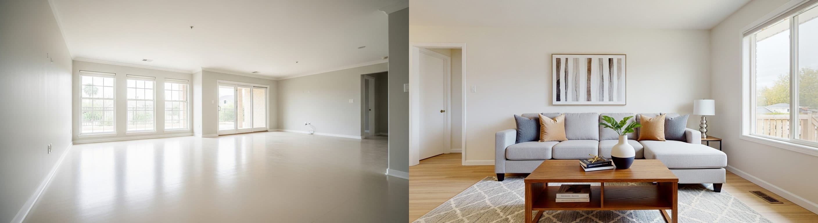 Wohnzimmer: vor vs. nach virtuellem Staging