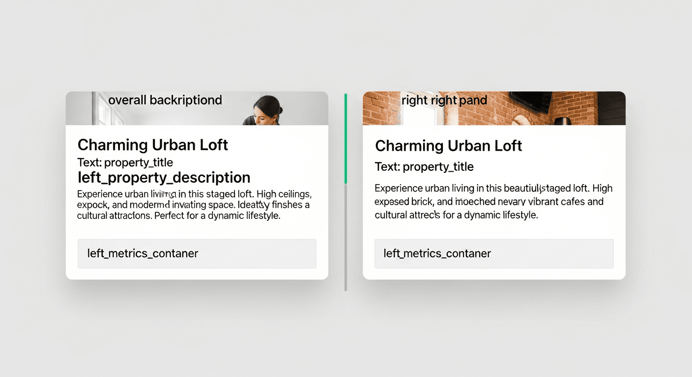 Illustration of two real estate listing texts being compared in an A/B test setup without budget tools