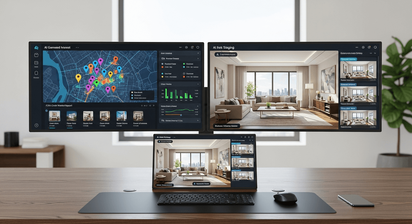 Nowoczesne biuro nieruchomości z narzędziami AI na ekranach
