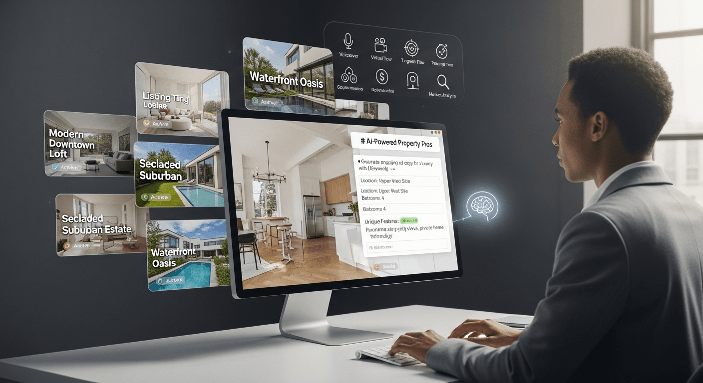 Illustration eines Immobilienmaklers, der KI-Prompts auf einem Computer mit Immobilienbildern verwendet