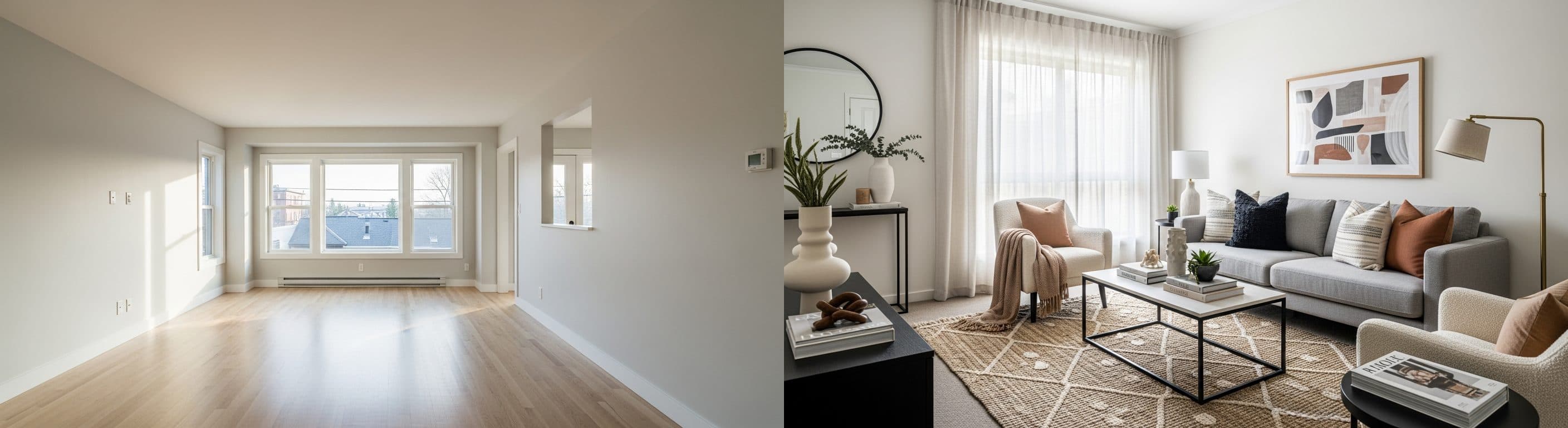 Wohnzimmer: Vorher vs. Nachher virtuelles Staging