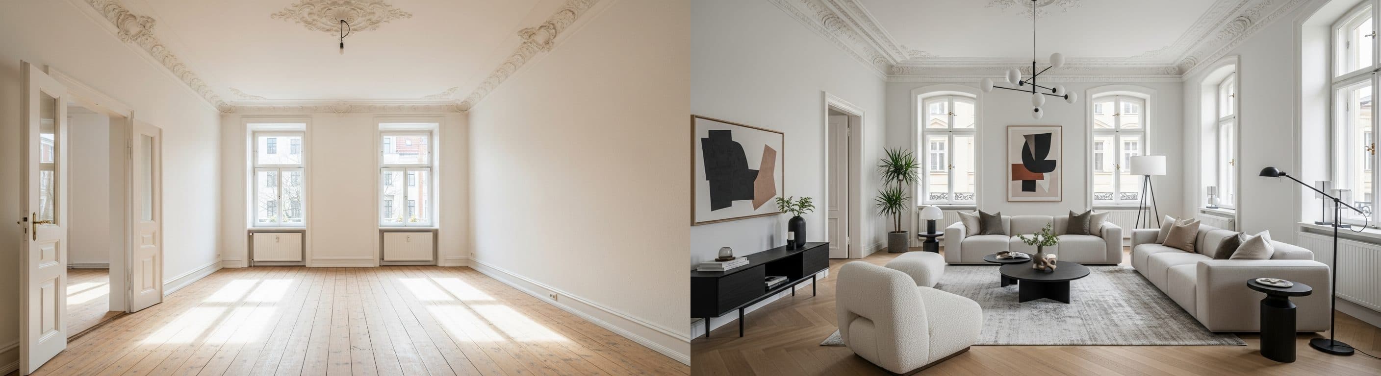 Obývací pokoj: před a po virtuálním stagingu