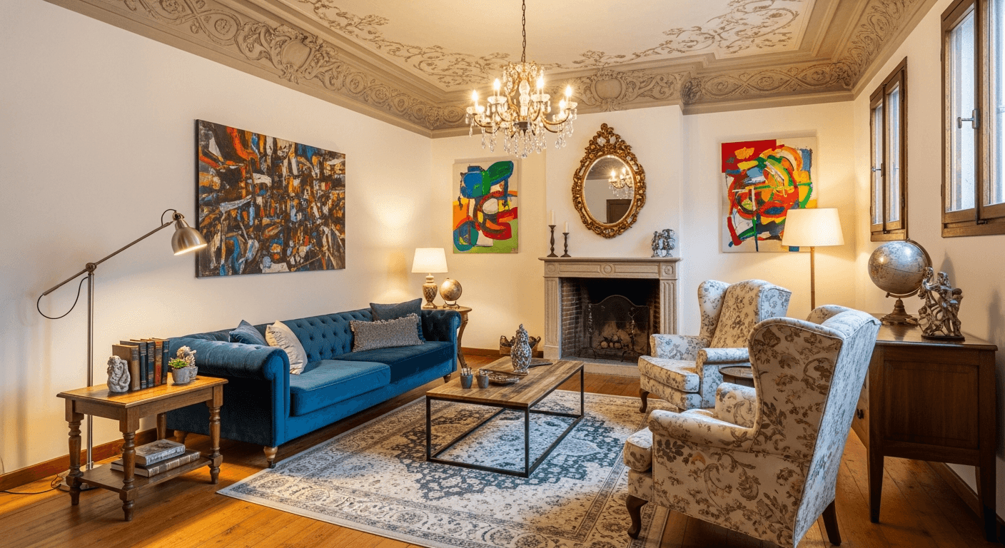 Obývací pokoj ve staré budově s důrazem na šarm díky stagingu