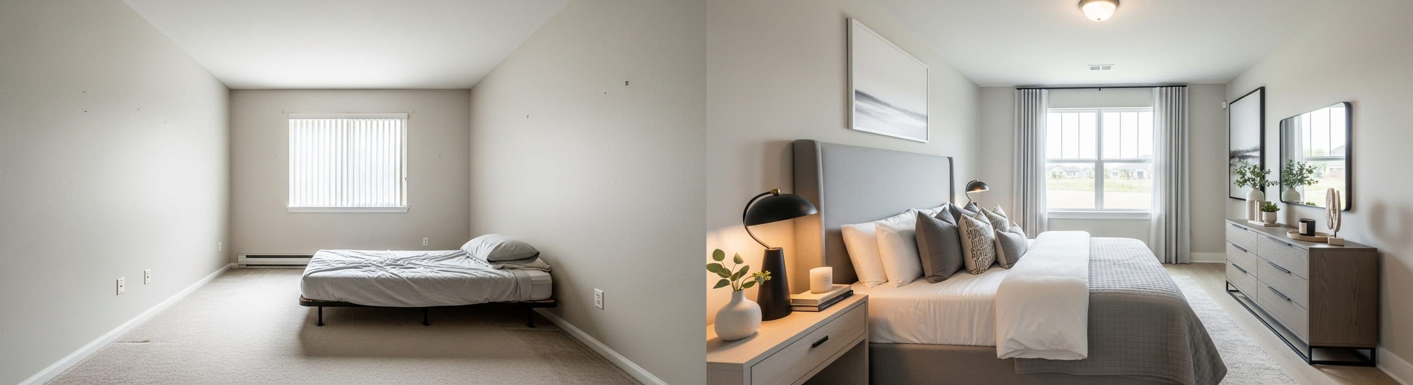 Sypialnia: przed vs po wirtualnym stagingu