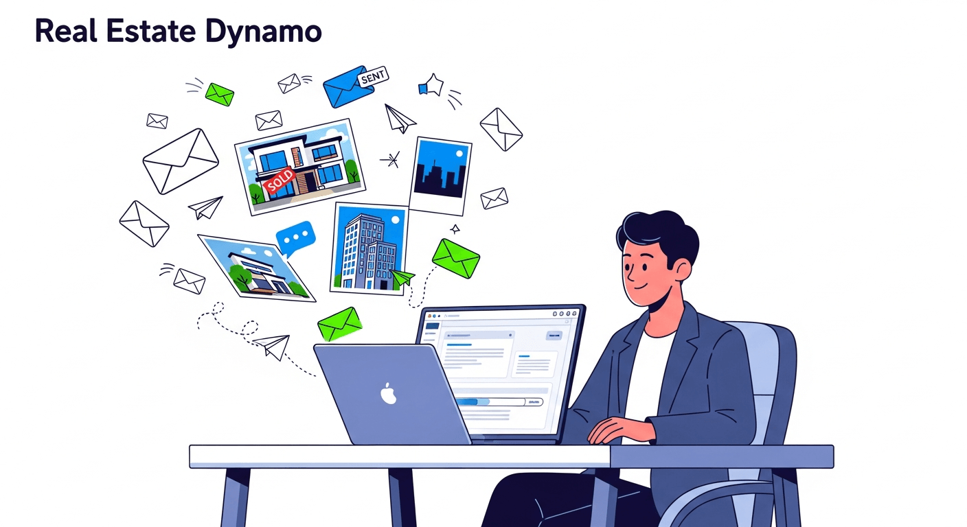 Ilustracja agenta nieruchomości wysyłającego zautomatyzowane e-maile follow-up na laptopie z obrazami nieruchomości