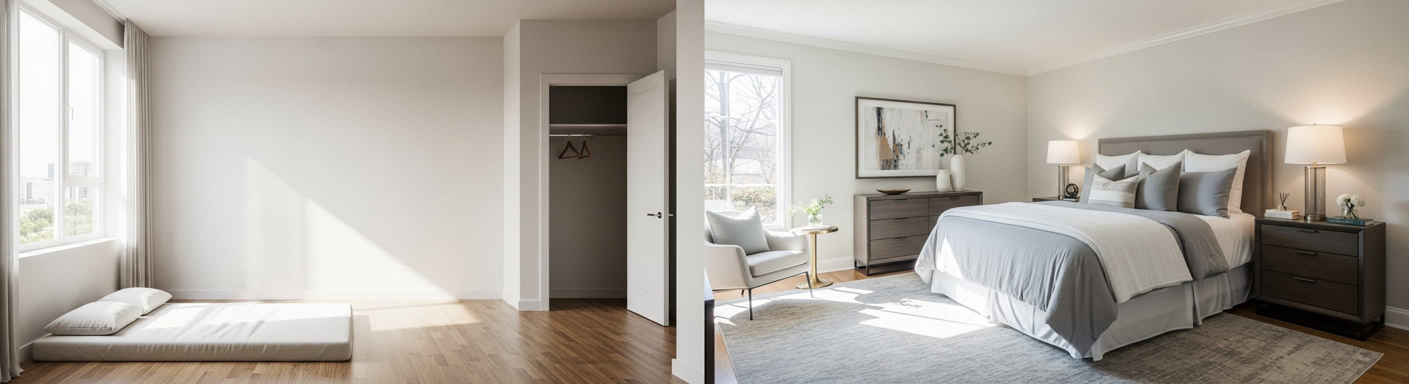 Quarto: antes vs depois da encenação virtual