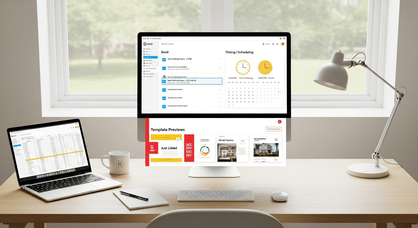 Ilustração de um agente imobiliário enviando e-mails de acompanhamento automatizados com modelos e gráficos de timing