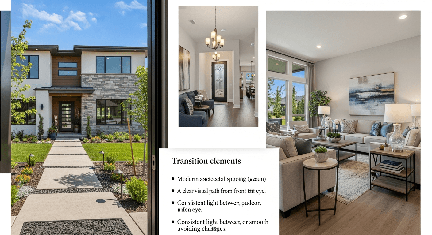 Et smukt sekventeret ejendomsannoncefoto, der viser en udvendig boligudsigt, der fører ind i indvendige rum