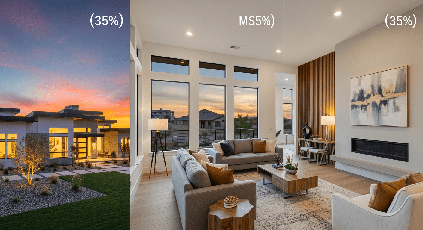 Pięknie ułożona galeria zdjęć nieruchomości, zaczynająca się od ujęcia zewnętrznego