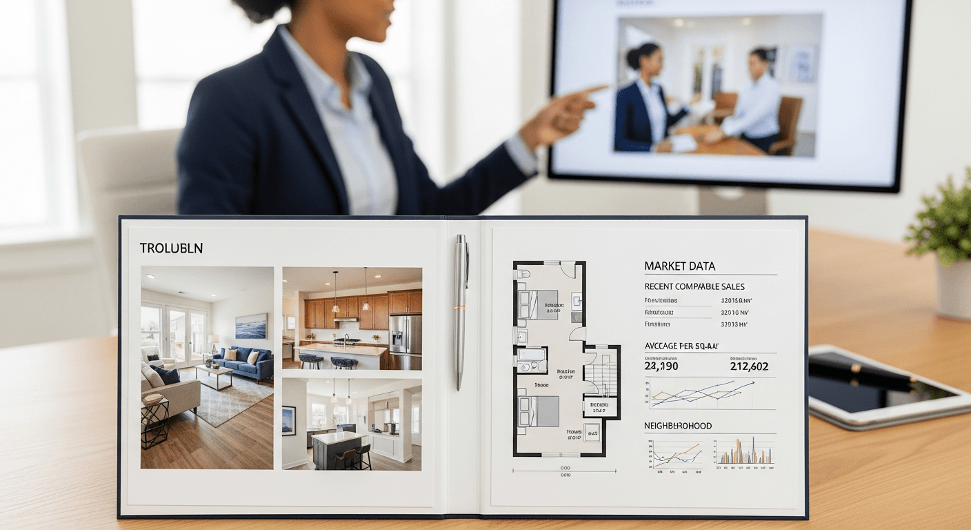 Profesionálny prezentačný priečinok nehnuteľnosti s inscenovanými fotografiami domu a dokumentmi