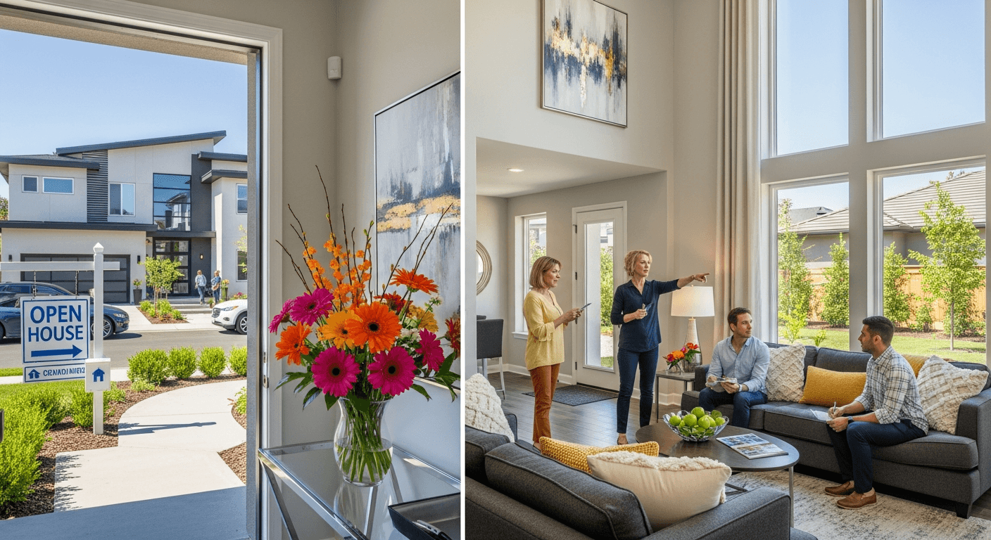 Ilustrácia rušného dňa otvorených dverí s viacerými kupujúcimi prehliadajúcimi zariadený dom, zdôrazňujúca naliehavosť a konkurenciu.