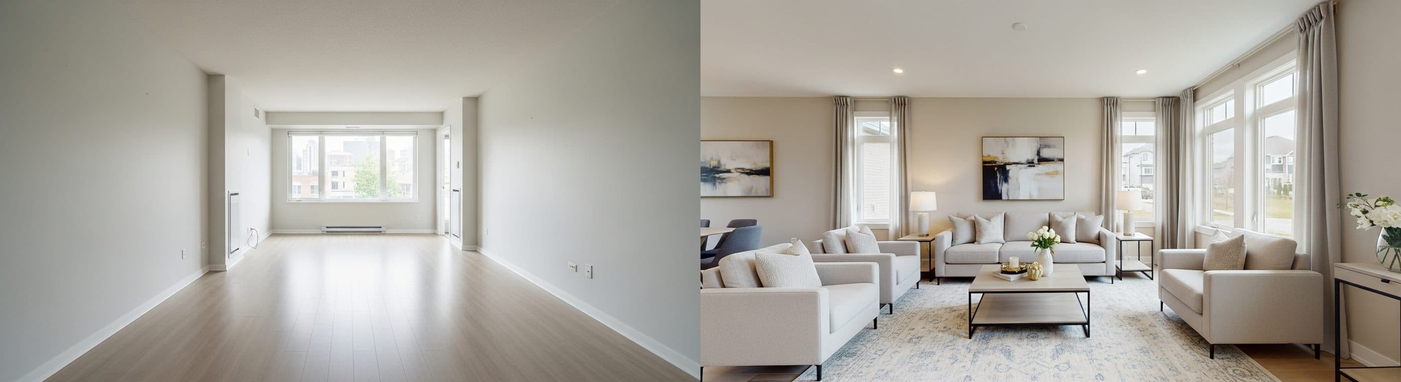 Wohnzimmer: vor vs. nach virtuellem Staging