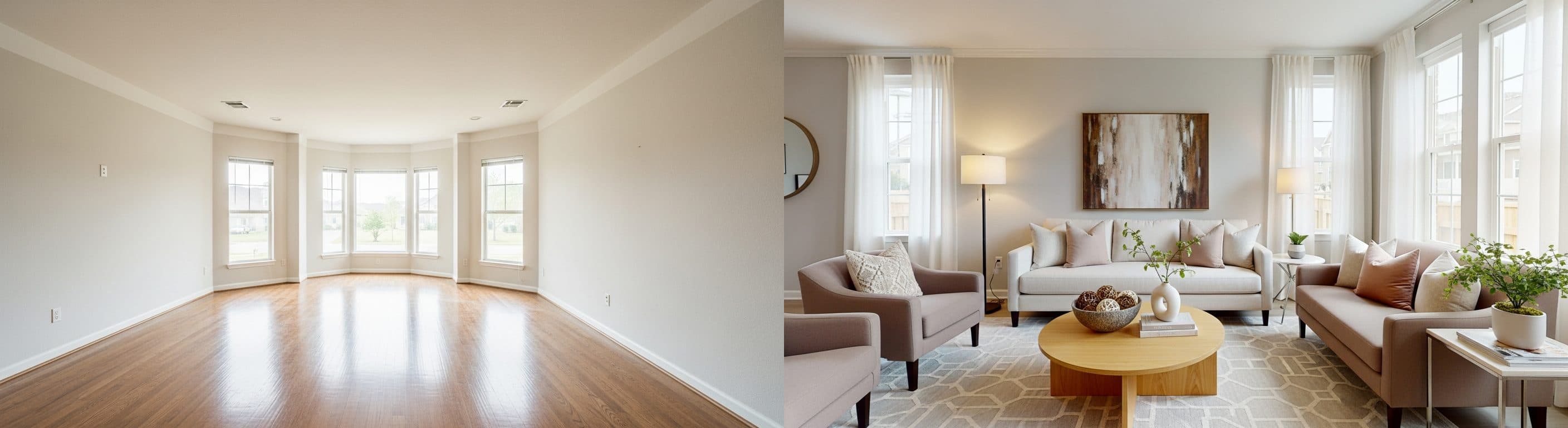 Wohnzimmer: Vorher vs. Nachher virtuelles Staging