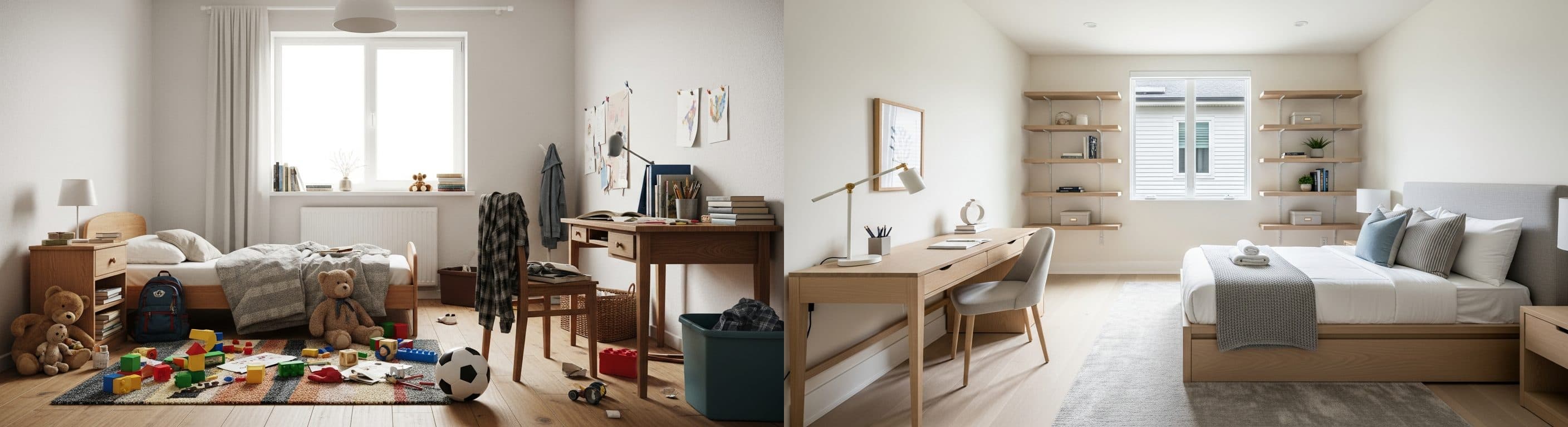 Chambre d'enfant d'âge scolaire : avant vs après le staging virtuel