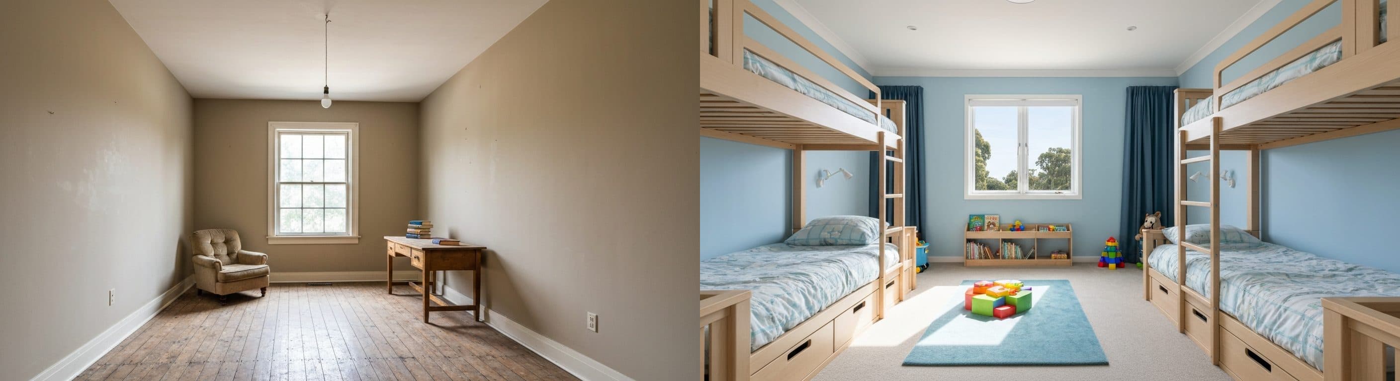 Chambre partagée pour frères et sœurs : avant vs après le staging virtuel