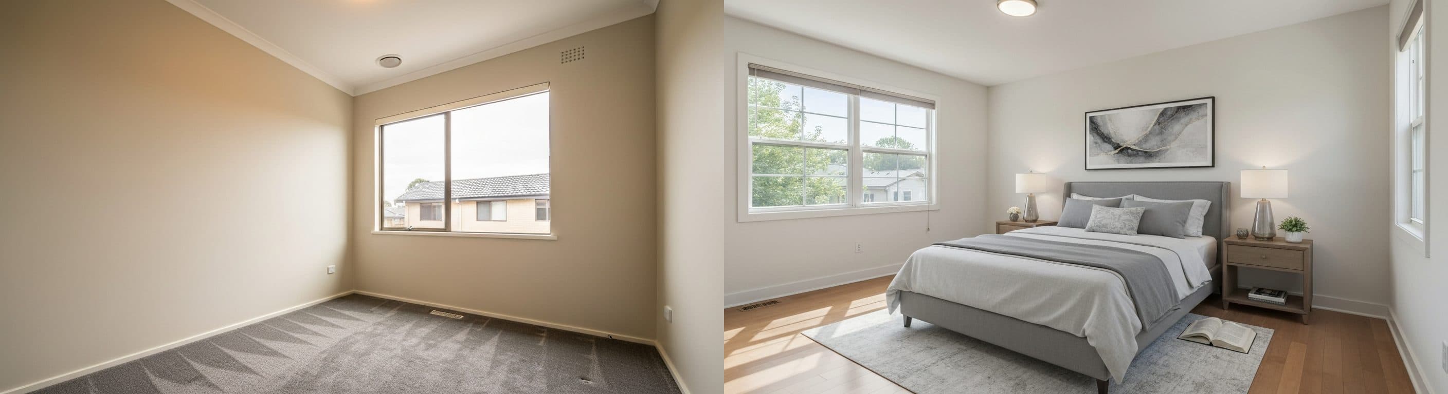 Schlafzimmer: vor vs. nach virtuellem Staging