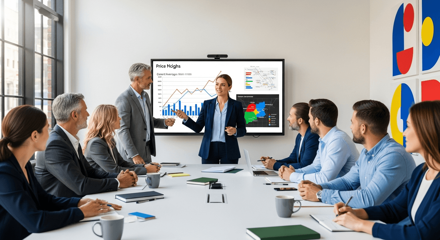 Agent nieruchomości omawiający aktualizacje cen z klientami w nowoczesnym wnętrzu domu