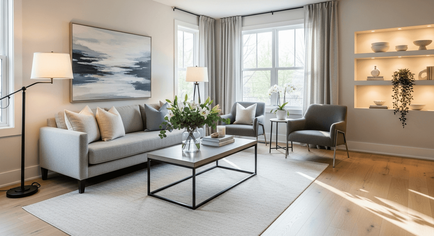 Profesjonalnie zaaranżowany salon z naturalnym światłem i neutralnym wystrojem, gotowy na idealną prezentację nieruchomości