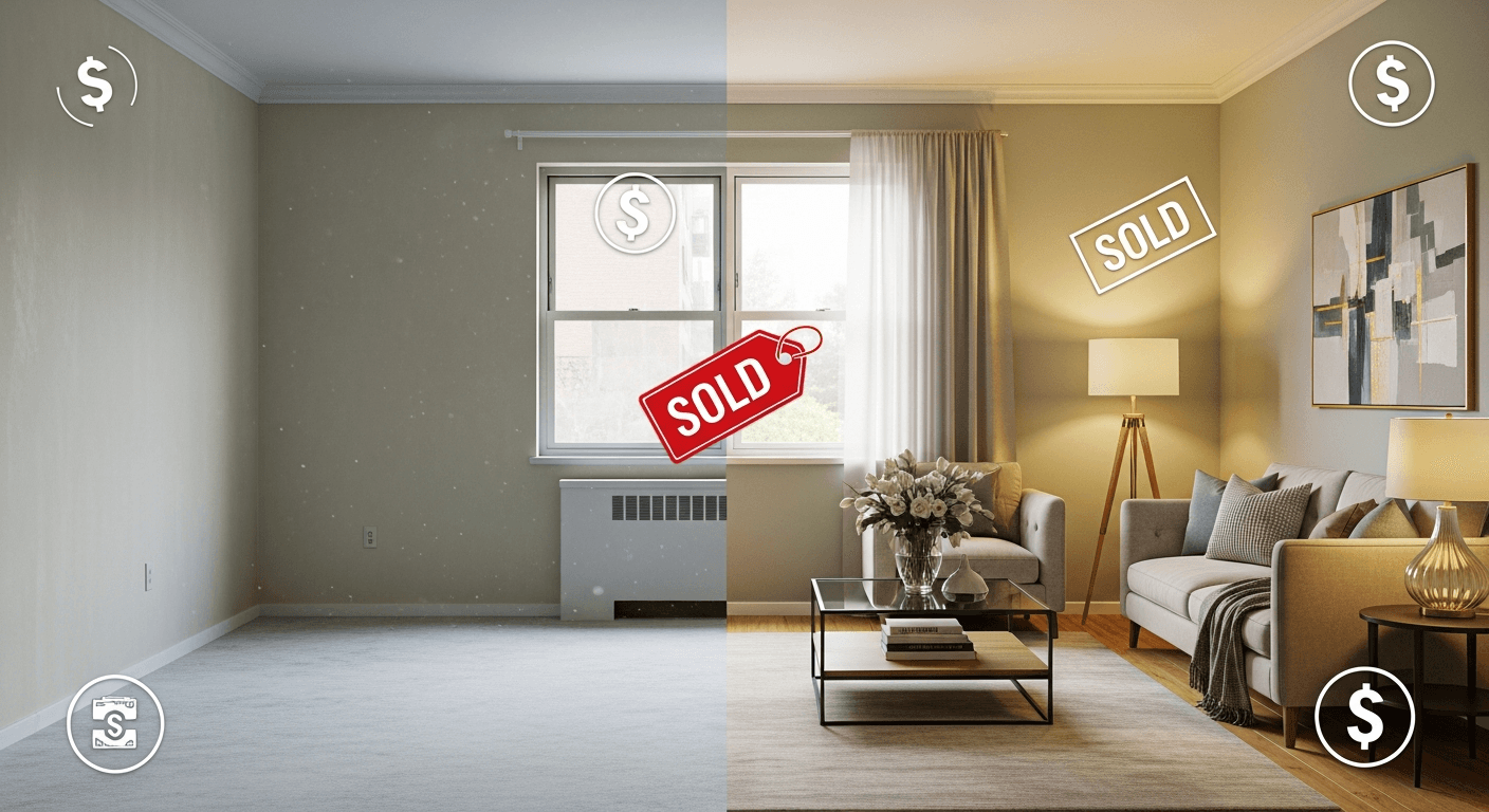 Porównanie pustego pokoju z zaaranżowanym, podkreślające ryzyko sprzedaży