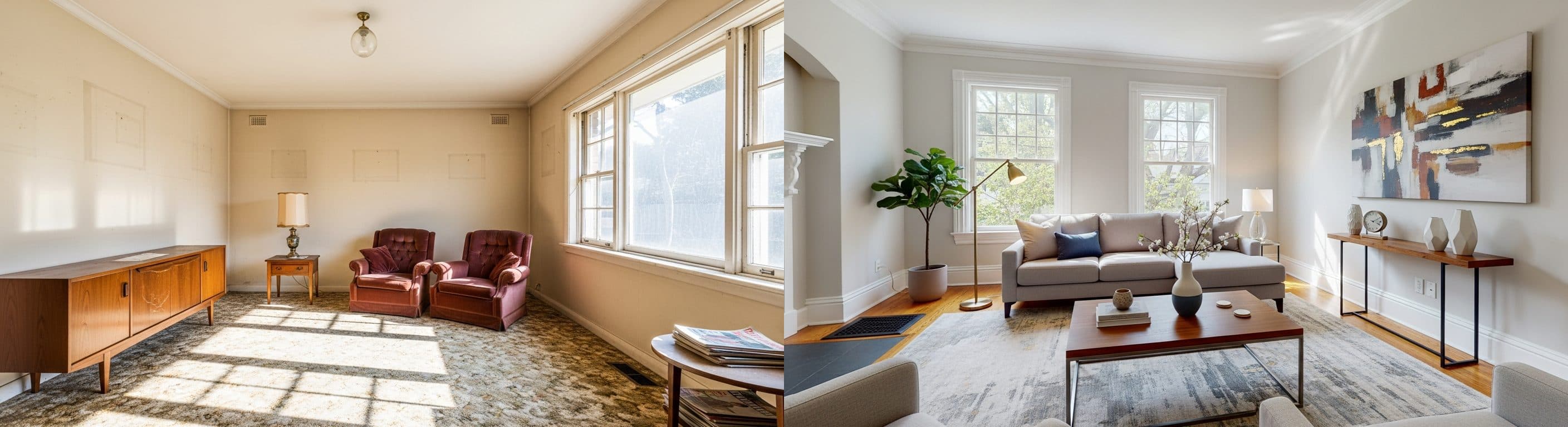 Wohnzimmer: Vorher vs. nach virtuellem Staging