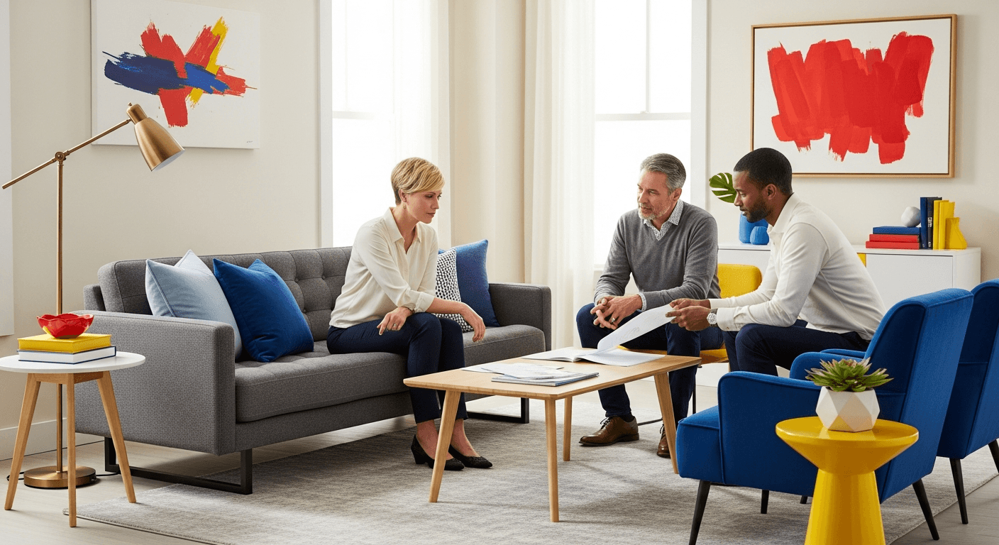 Gruppe von Erben bespricht harmonisch den Immobilienverkauf mit gestagtem Haus im Hintergrund