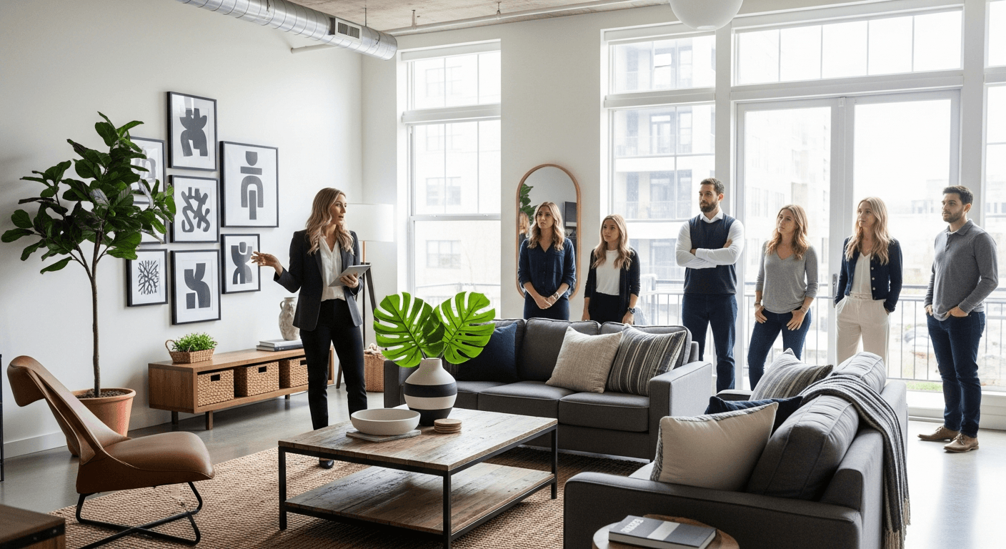 Agent nieruchomości rozmawiający z kupującymi podczas oglądania nieruchomości, spokojnie rozwiewający obiekcje