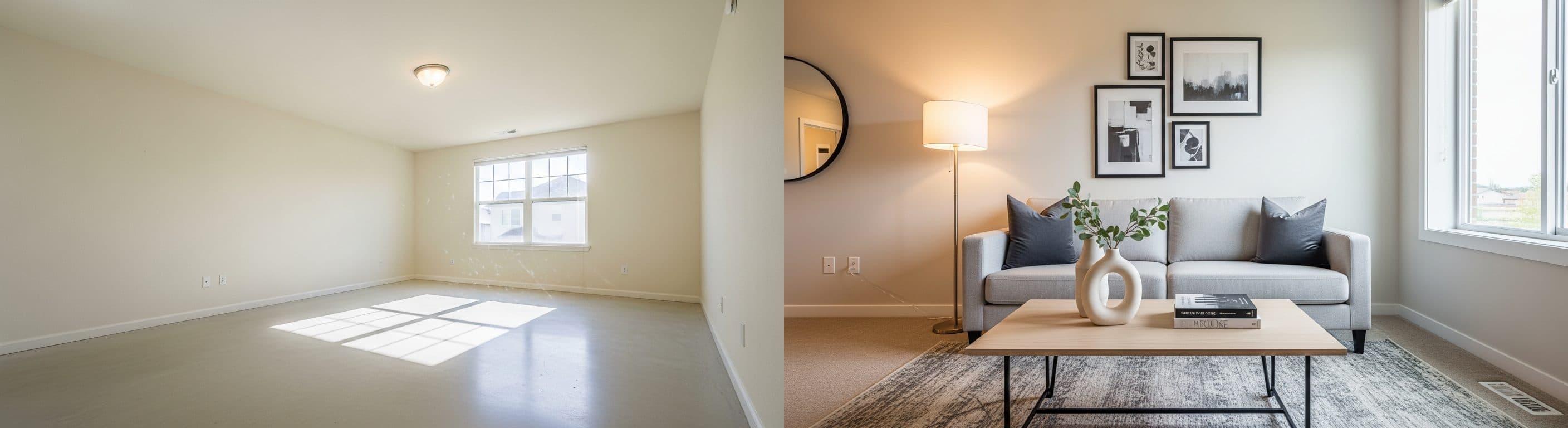 Wohnzimmer: Vorher vs. Nachher virtuelles Staging