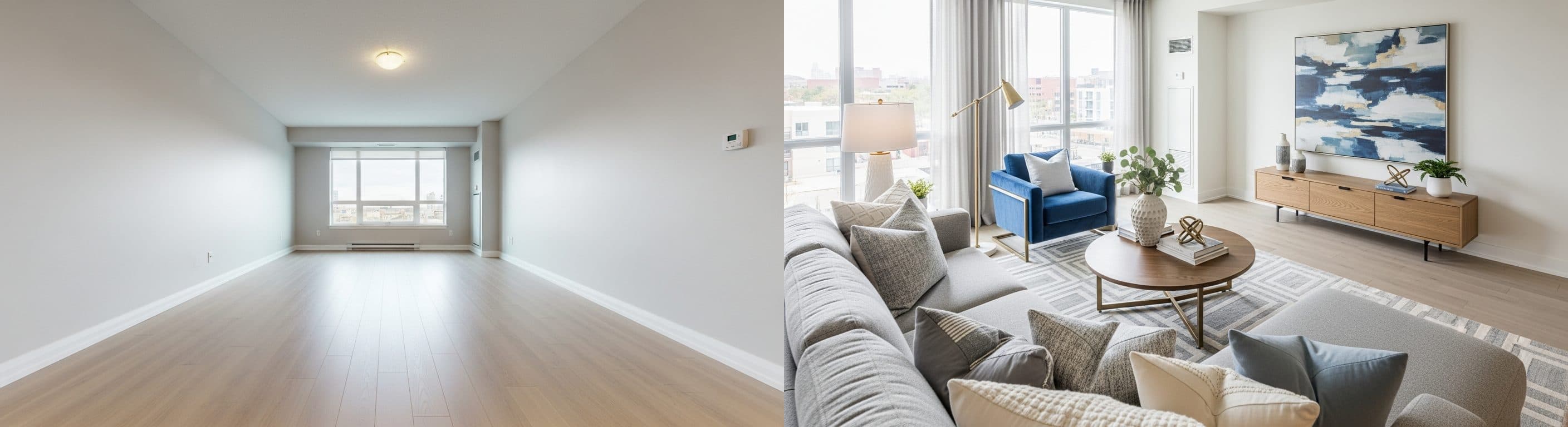 Salon : avant vs après le home staging virtuel