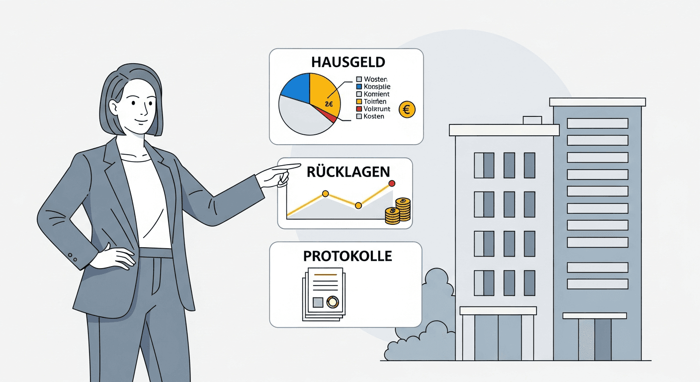 Illustration d'un agent immobilier expliquant les documents de copropriété à un acheteur avec des graphiques des charges et des fonds de réserve