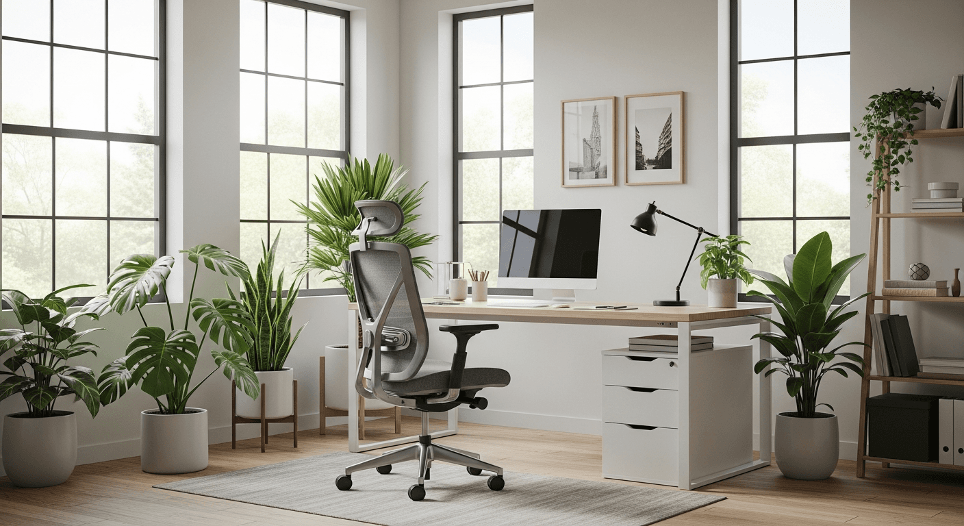 Professionell inszeniertes Home Office mit modernem Schreibtisch und natürlichem Licht