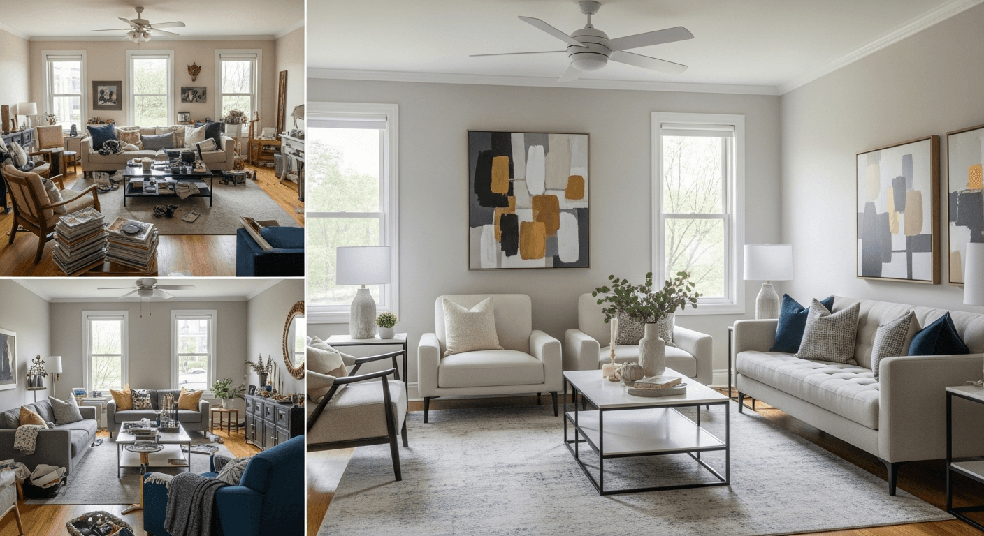 Exemple de home staging avant et après montrant une pièce encombrée transformée en un espace de vie moderne