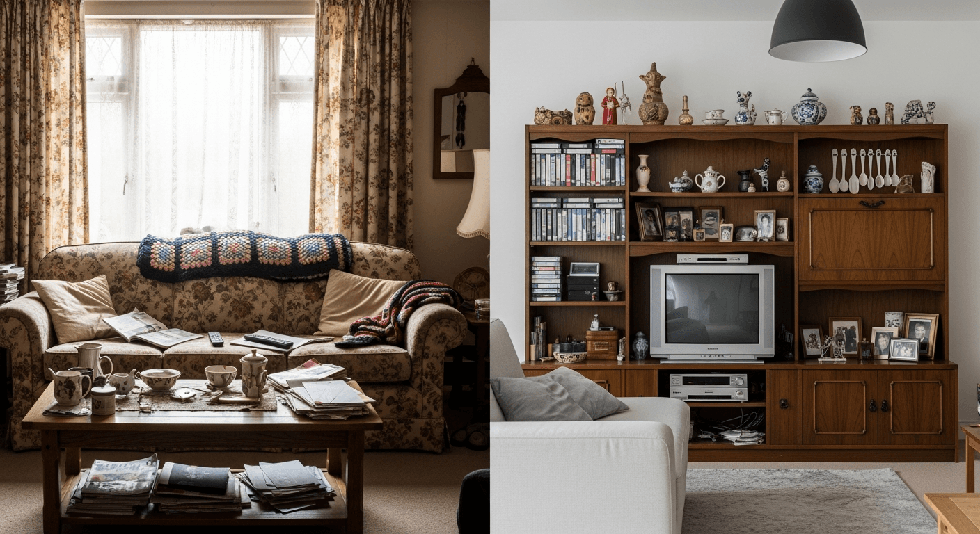 Vorher-Nachher-Home-Staging-Transformation, die einen unordentlichen Raum in einen modernen Wohnbereich verwandelt zeigt