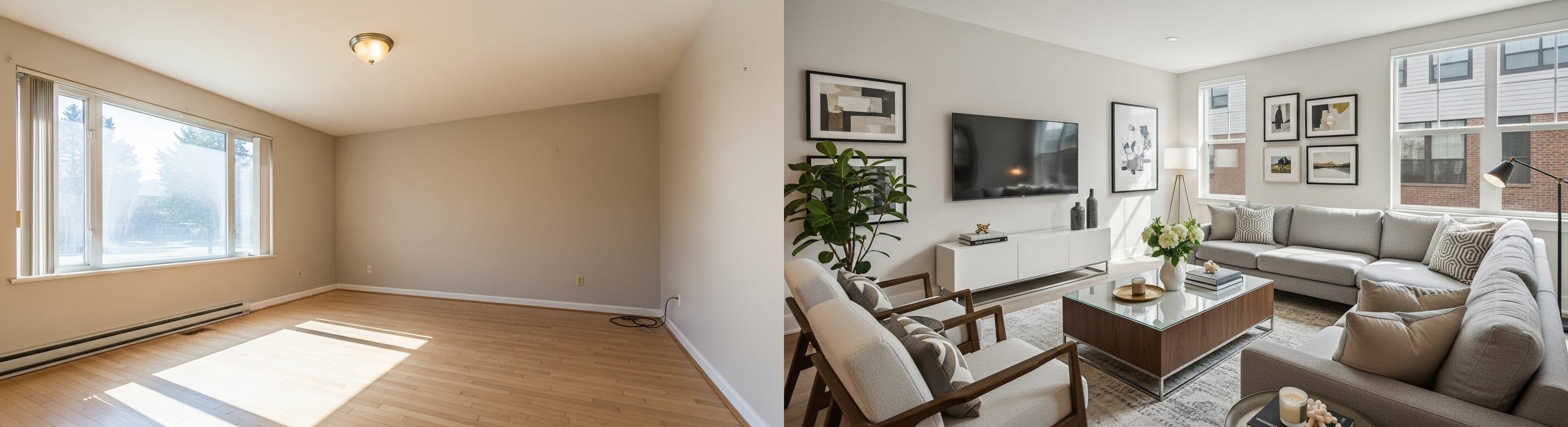 Wohnzimmer: Vorher vs. Nachher virtuelles Staging