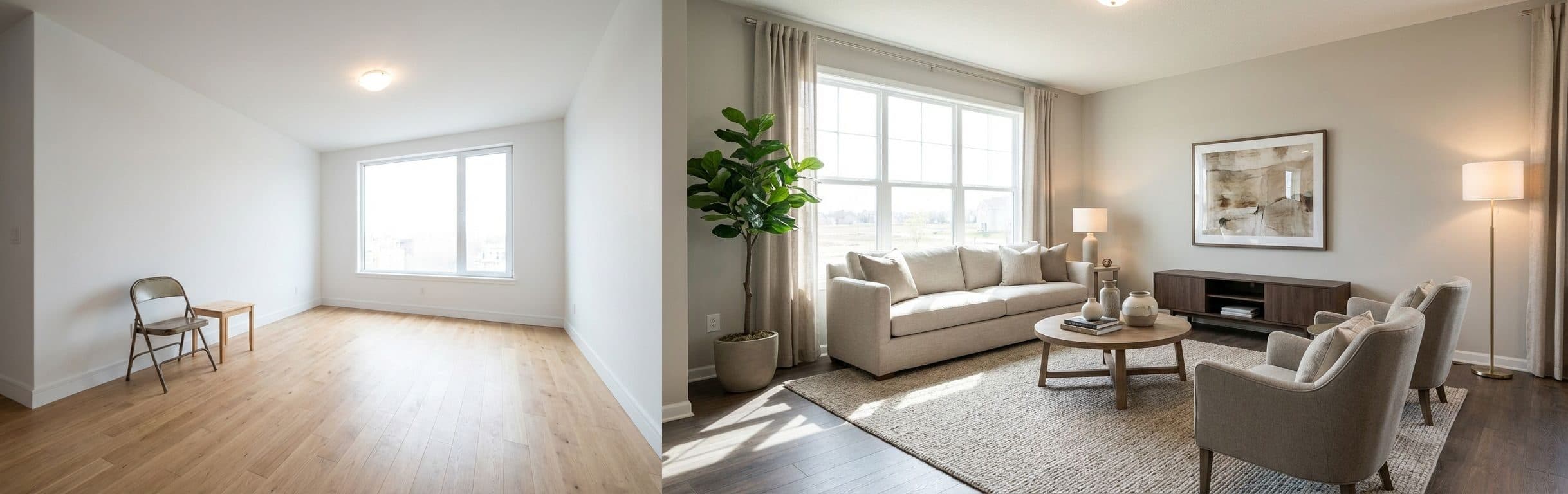 Wohnzimmer: Vorher-Nachher-Vergleich nach virtuellem Home Staging, das den Raum heller und aufgeräumter zeigt.