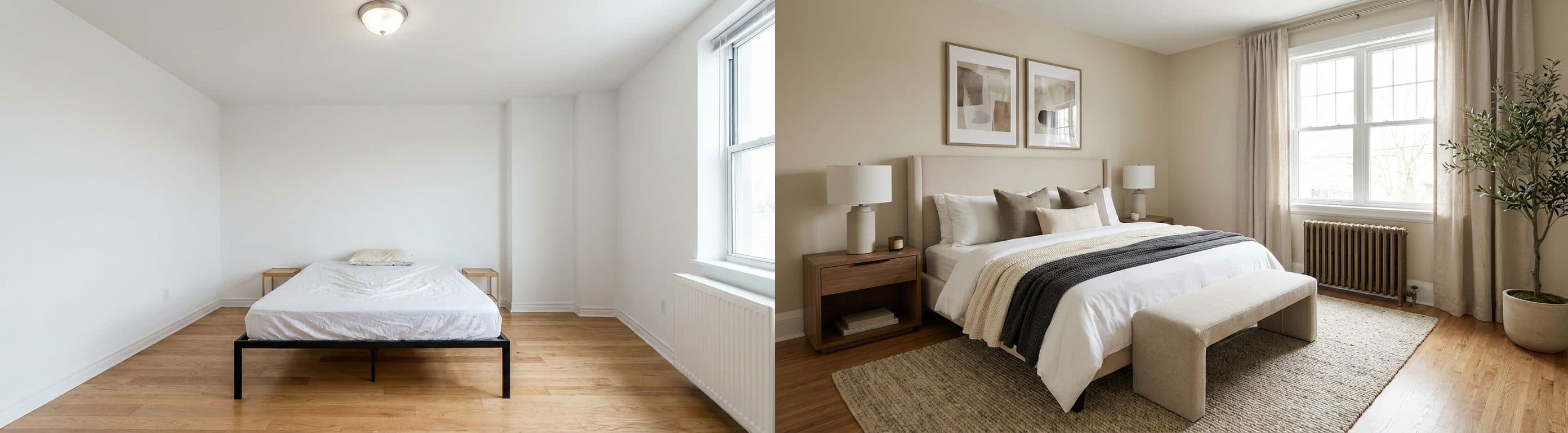 Hauptschlafzimmer: Vorher-Nachher-Vergleich nach virtuellem Home Staging, das den Raum beruhigter und einladender darstellt.