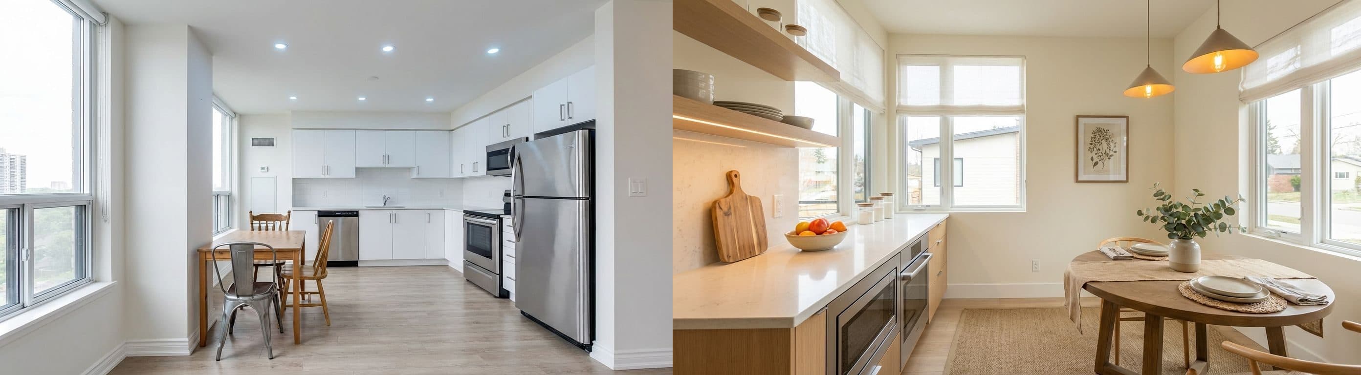 Küche und Essbereich: Vorher-Nachher-Vergleich nach virtuellem Home Staging, das eine helle, aufgeräumte und moderne Atmosphäre schafft.