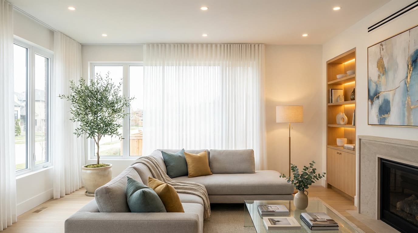 Bright, modern living room staged for 2026 with neutral palette, layered lighting, and decluttered surfaces