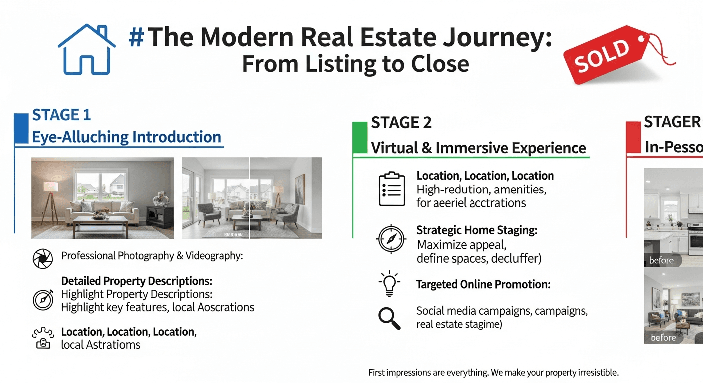 Ilustracja 3-etapowego systemu follow-up home stagingu, pokazująca przekształcanie potencjalnych klientów w kupujących za pomocą elementów wirtualnego stagingu