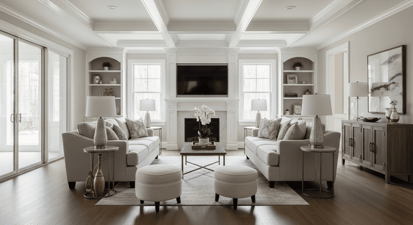 Nowoczesny salon z odnowionymi podłogami, neutralnymi ścianami i ulepszonymi sufitami, prezentujący home staging o wysokim ROI