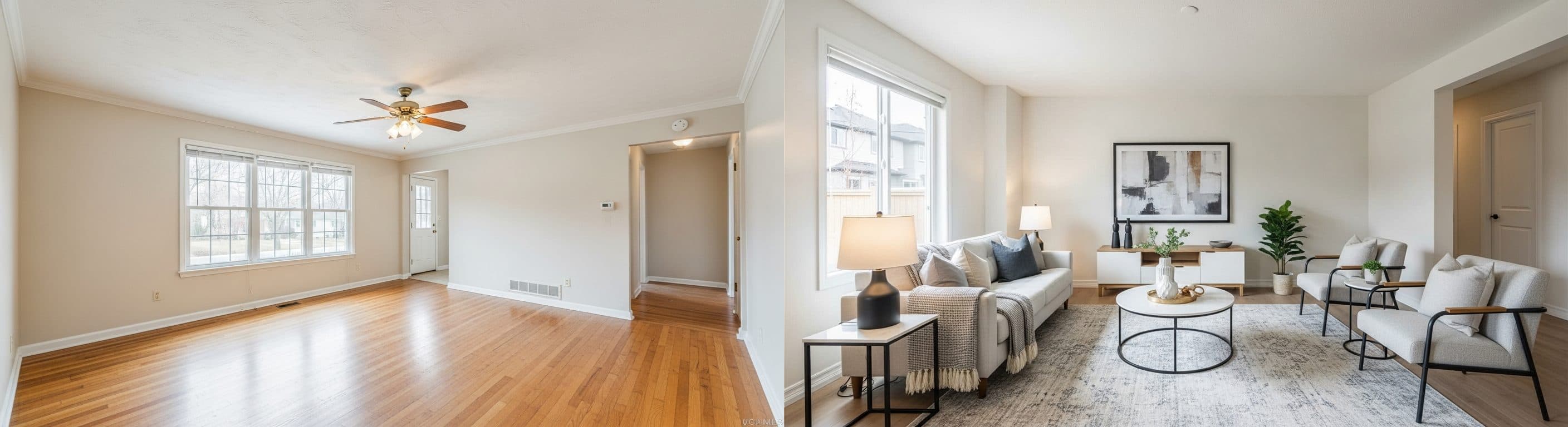 Living Room: before vs after virtual staging