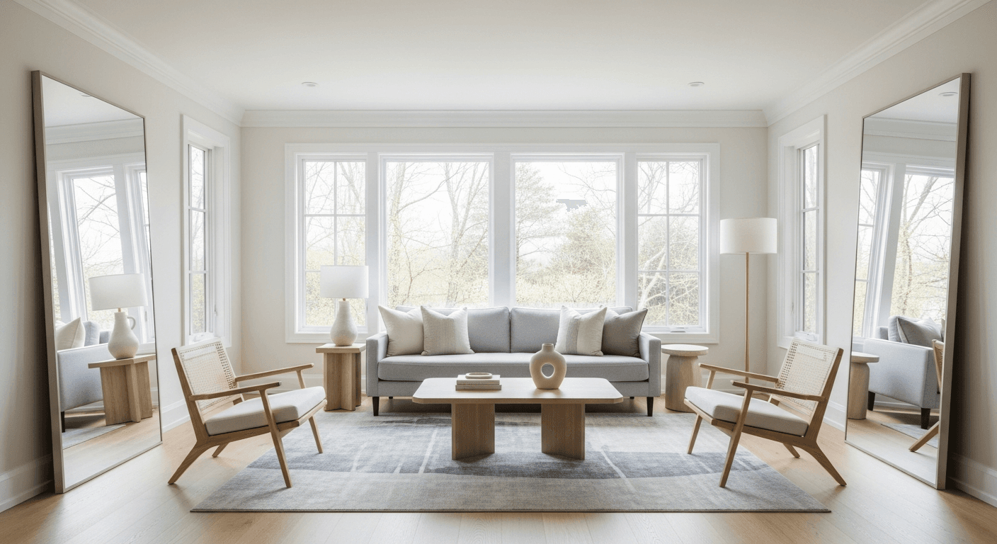 Salon lumineux avec miroirs et tons neutres donnant l'impression d'un espace plus grand